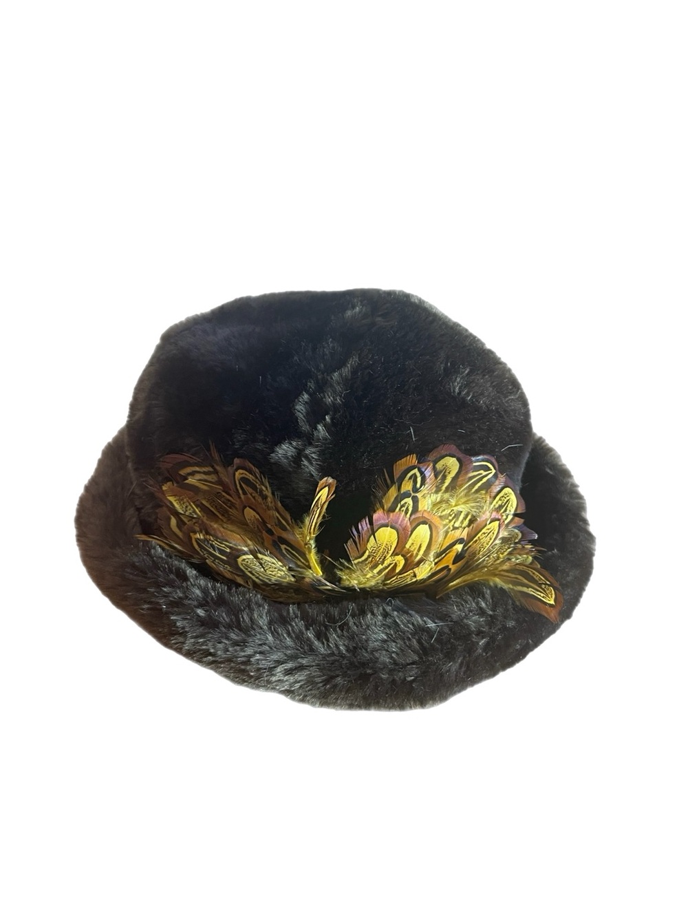 Vintage 1960s KAPS Faux Fur Cossack Bucket Hat Natural Ringneck Pheasant Feather